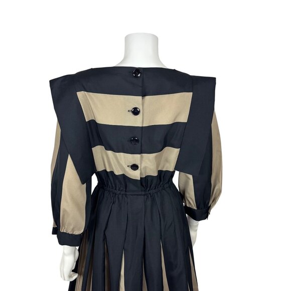 Vintage 80s Striped Dress Womens Medium Architectural Black Tan Thick Stripes - Picture 10 of 10